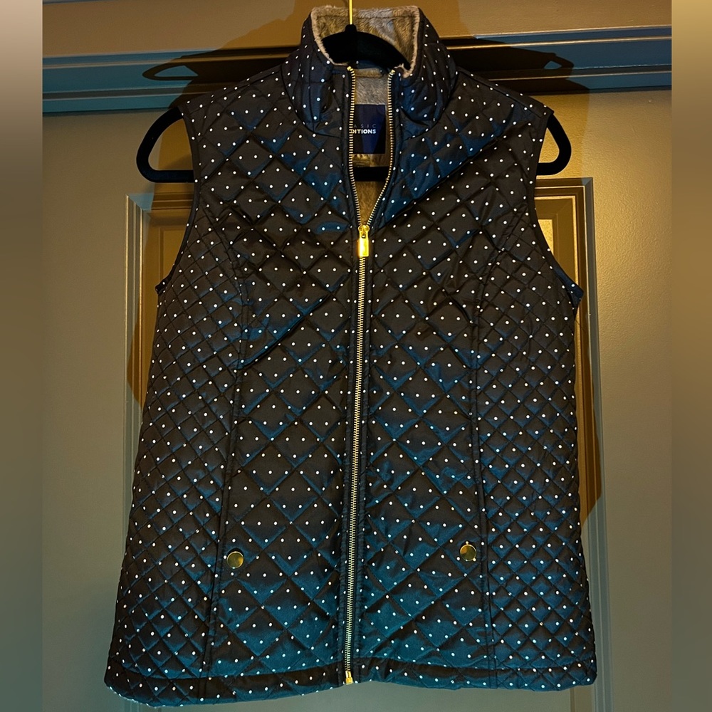 Never been worn!Super fashionable navy blue vest, gold accented buttons & zipper